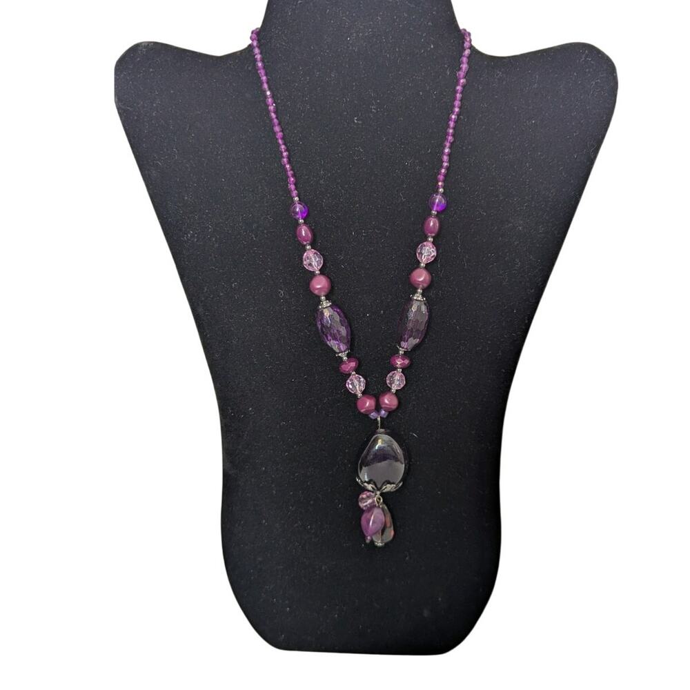 Purple pink lavender colored beaded Artisan statement necklace bold lg pendant